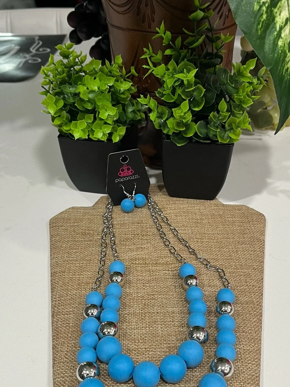 paparazzi Turquoise Blue Matte Beaded Double Strand Necklace with Silver Accents